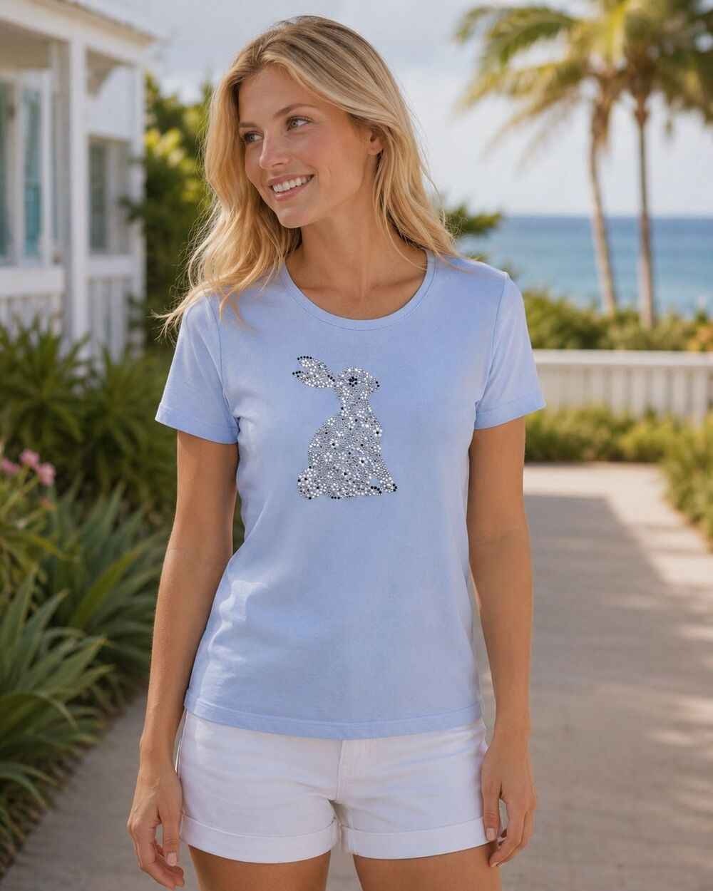 Coral Bay Women's S Blue Embellished Bunny T-Shirt Rhinestone Pearl Top NWT